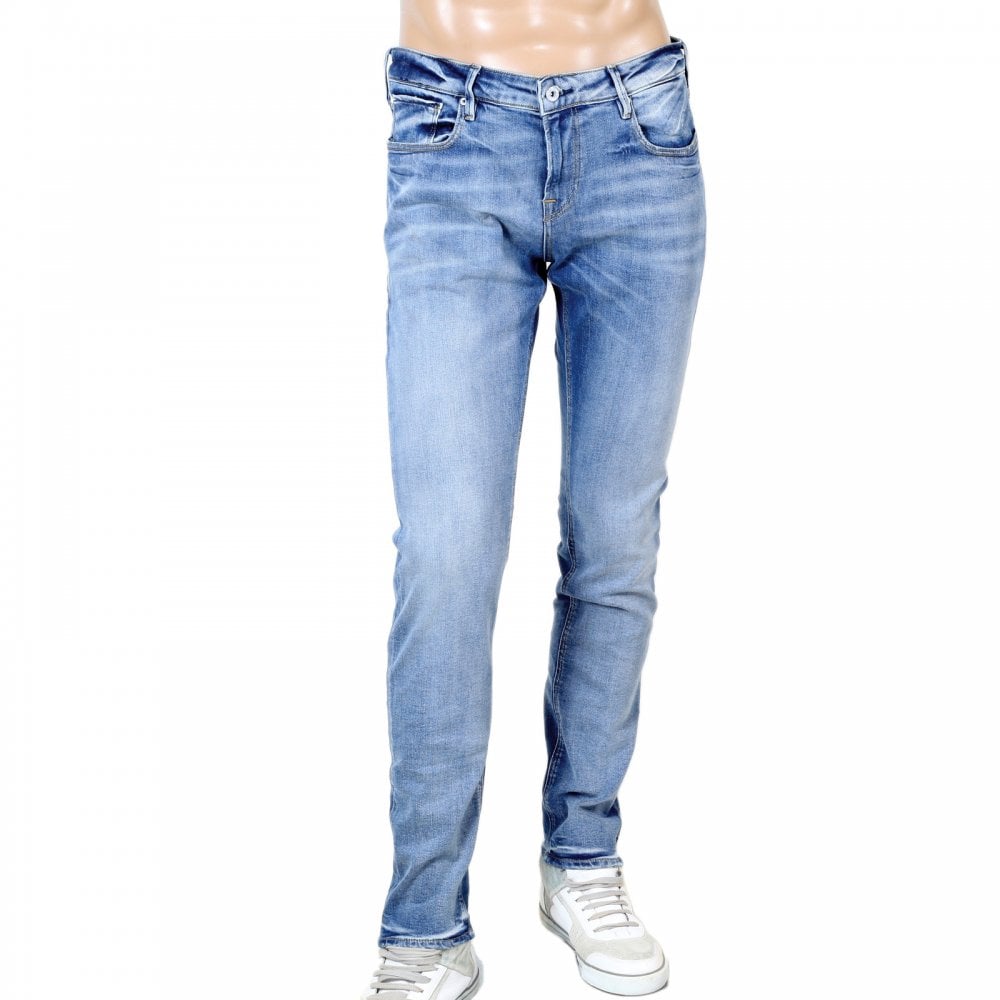 Mens TYE Atomic Rush 135106 Scotch & Soda Stretch Slim Carrot Fit Washed Blue Denim Jeans with Fading and Creasing