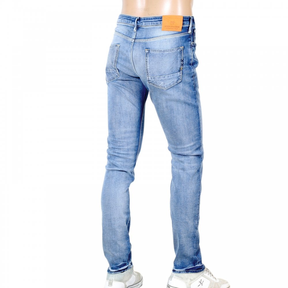 Mens TYE Atomic Rush 135106 Scotch & Soda Stretch Slim Carrot Fit Washed Blue Denim Jeans with Fading and Creasing