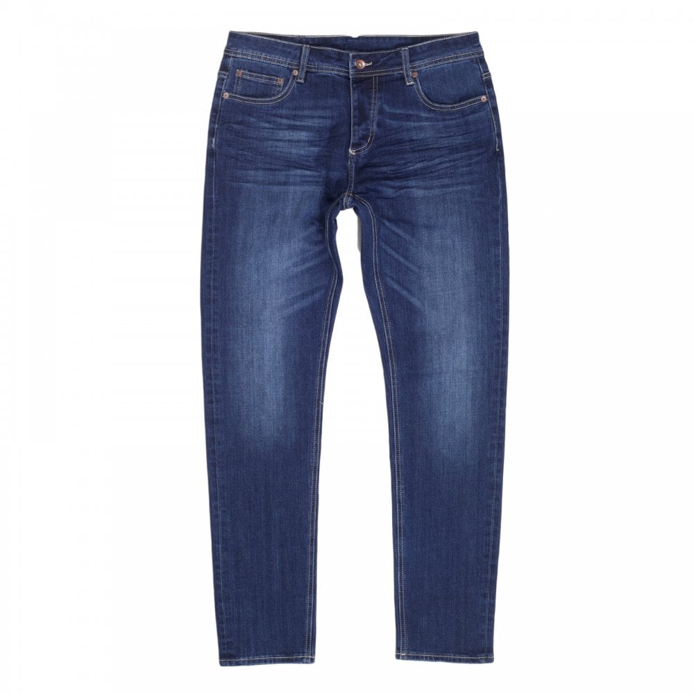 RMC Jeans RPQ16135 Mens Washed Dark Blue Slim Japanese Stretch Denim Jeans with Fading and Creasing