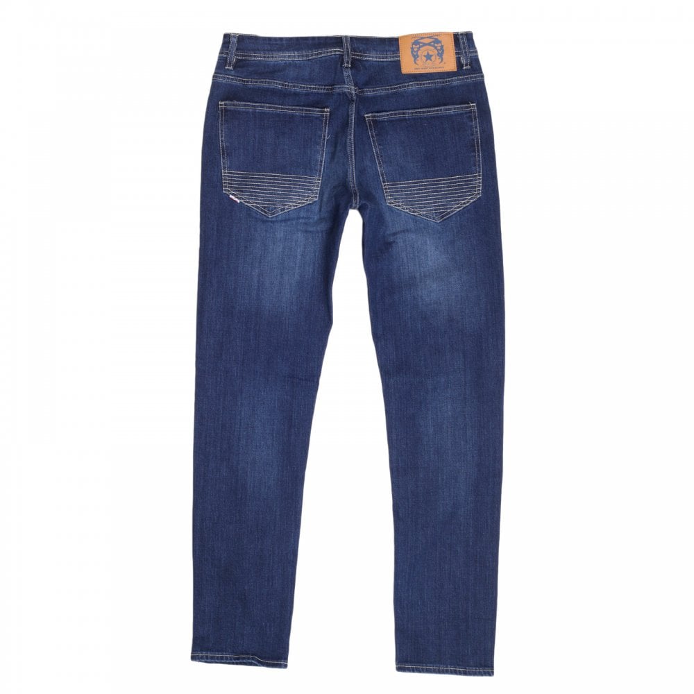 RMC Jeans RPQ16135 Mens Washed Dark Blue Slim Japanese Stretch Denim Jeans with Fading and Creasing