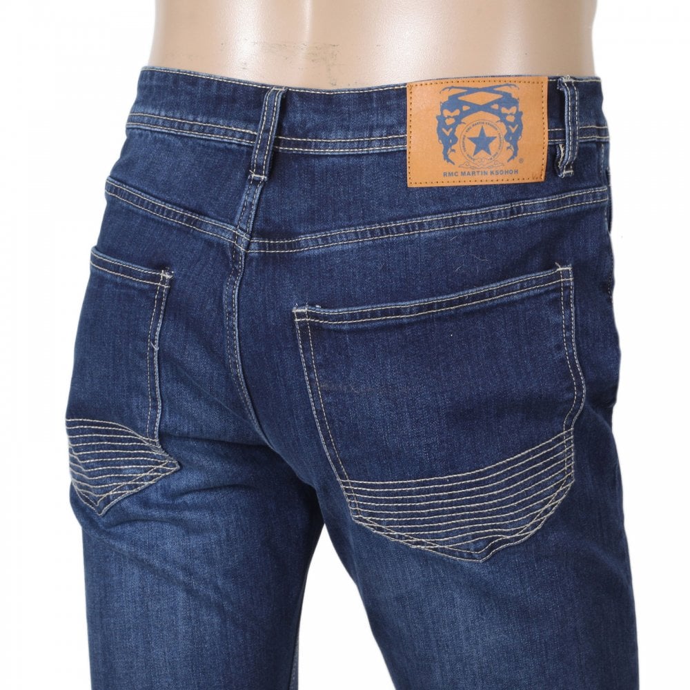 RMC Jeans RPQ16135 Mens Washed Dark Blue Slim Japanese Stretch Denim Jeans with Fading and Creasing