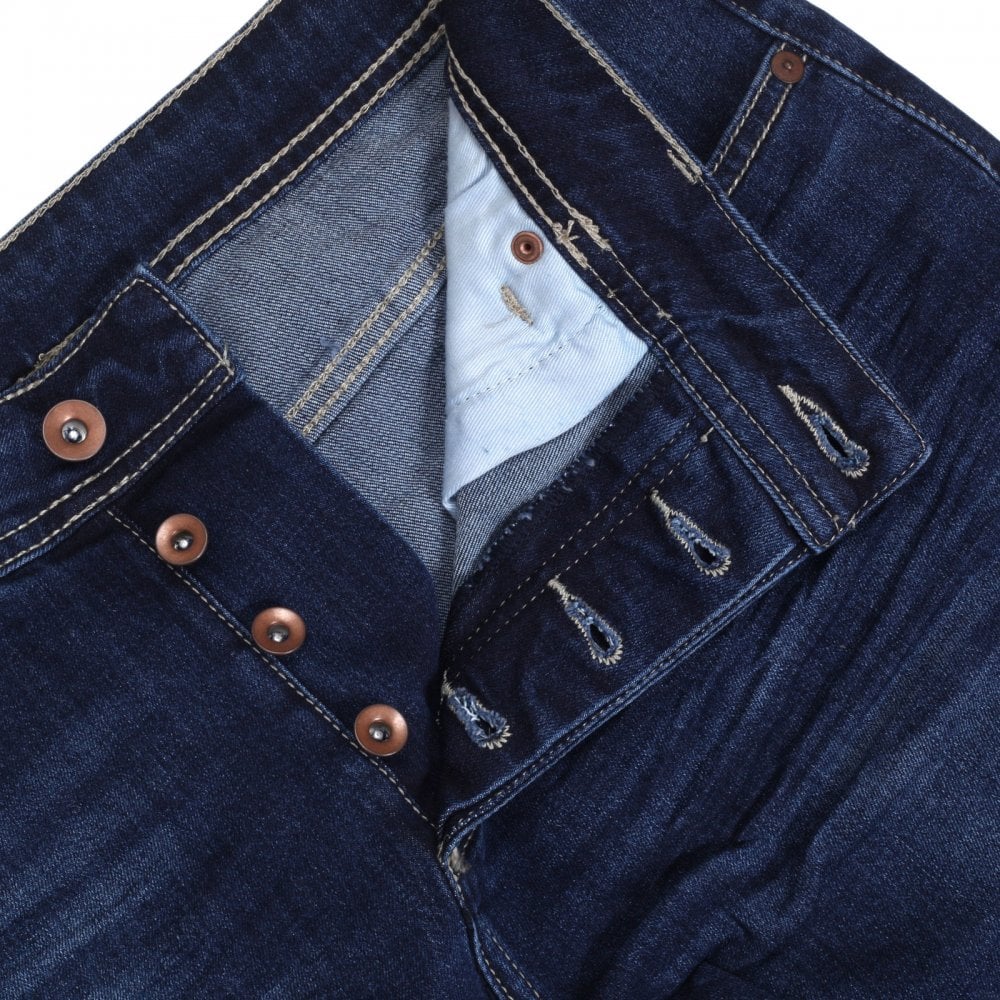 RMC Jeans RPQ16135 Mens Washed Dark Blue Slim Japanese Stretch Denim Jeans with Fading and Creasing