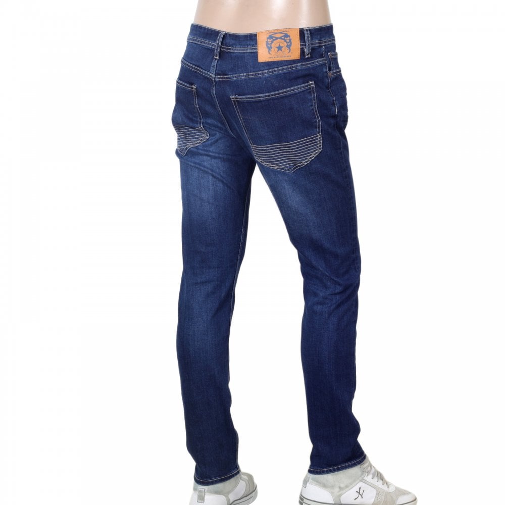RMC Jeans RPQ16135 Mens Washed Dark Blue Slim Japanese Stretch Denim Jeans with Fading and Creasing