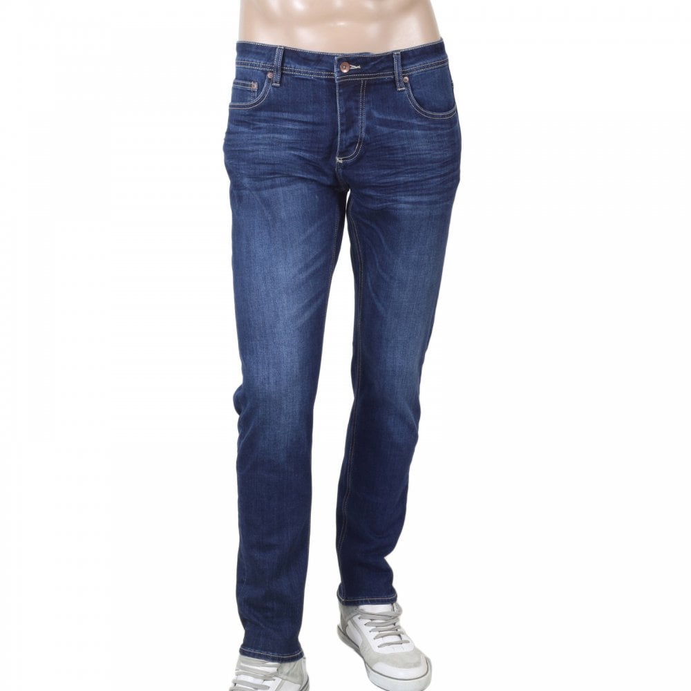 RMC Jeans RPQ16135 Mens Washed Dark Blue Slim Japanese Stretch Denim Jeans with Fading and Creasing