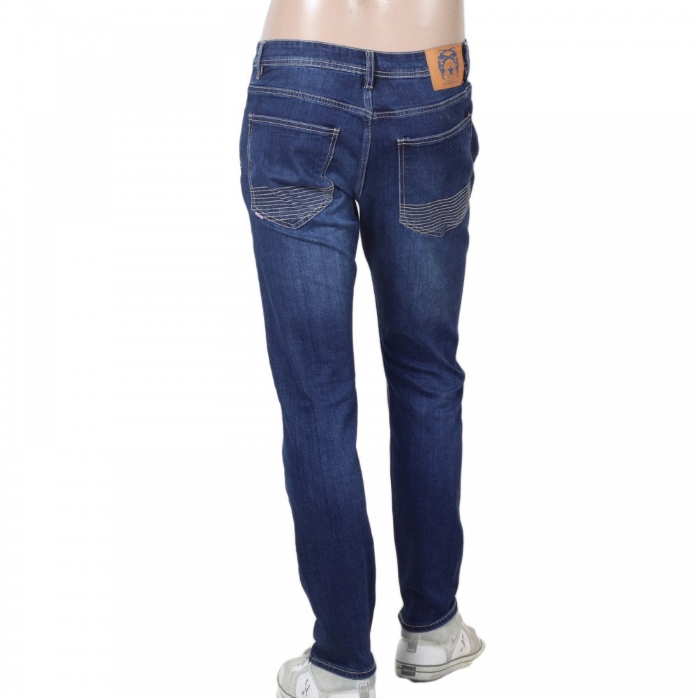 RMC Jeans RPQ16135 Mens Washed Dark Blue Slim Japanese Stretch Denim Jeans with Fading and Creasing