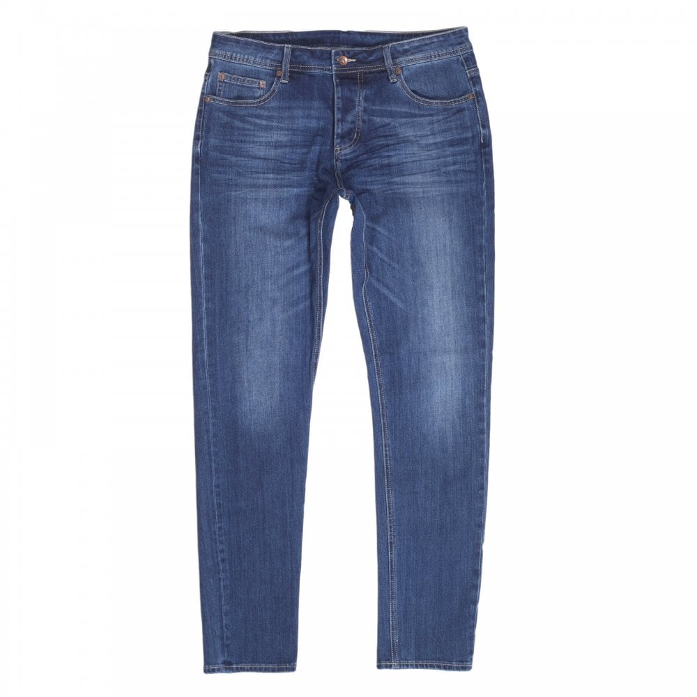 RMC Jeans RPQ16135 Mens Washed Mid Blue Slim Stretch Denim Jeans with Fading and Creasing RMC7522