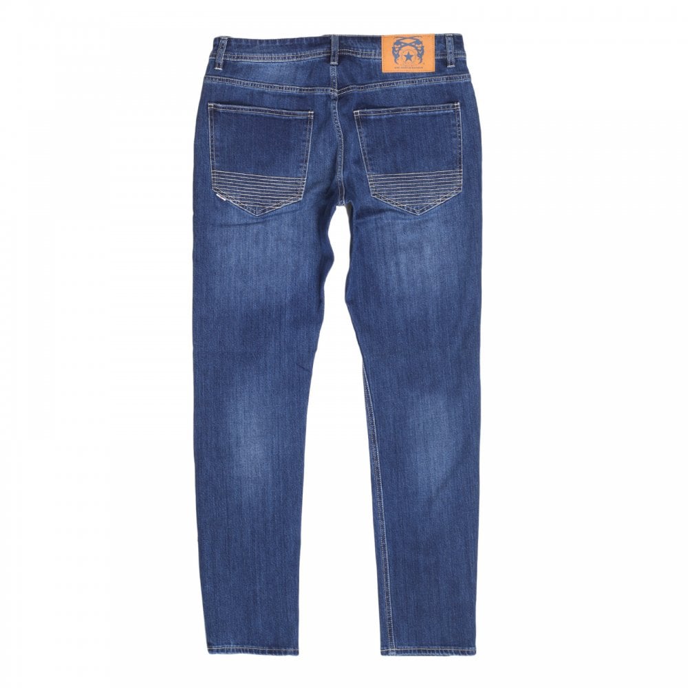 RMC Jeans RPQ16135 Mens Washed Mid Blue Slim Stretch Denim Jeans with Fading and Creasing RMC7522