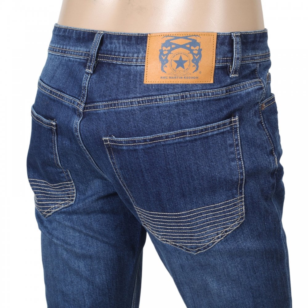RMC Jeans RPQ16135 Mens Washed Mid Blue Slim Stretch Denim Jeans with Fading and Creasing RMC7522
