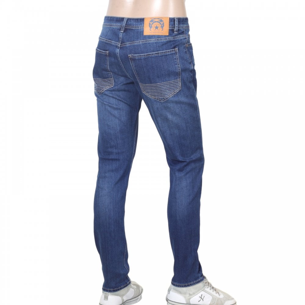 RMC Jeans RPQ16135 Mens Washed Mid Blue Slim Stretch Denim Jeans with Fading and Creasing RMC7522