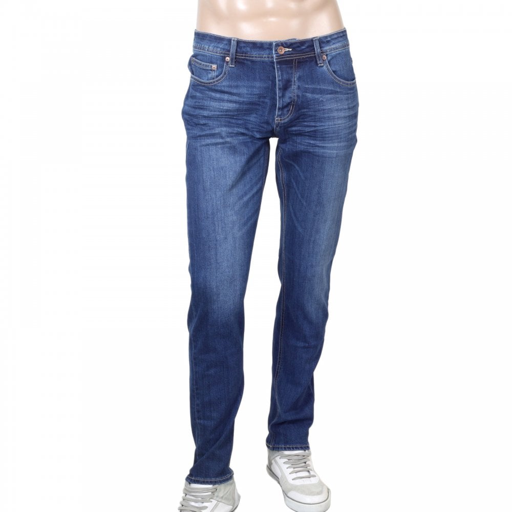 RMC Jeans RPQ16135 Mens Washed Mid Blue Slim Stretch Denim Jeans with Fading and Creasing RMC7522