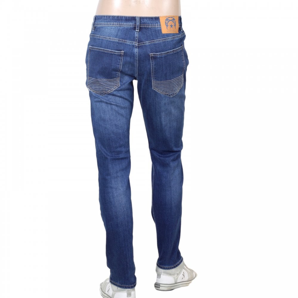 RMC Jeans RPQ16135 Mens Washed Mid Blue Slim Stretch Denim Jeans with Fading and Creasing RMC7522