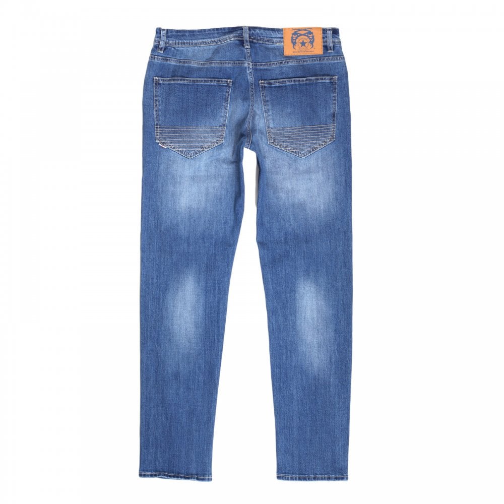 RMC Red Monkey RPQ16135 Mens Washed Light Blue Slim Stretch Denim Jeans with Button Fly and Fading and Creasing