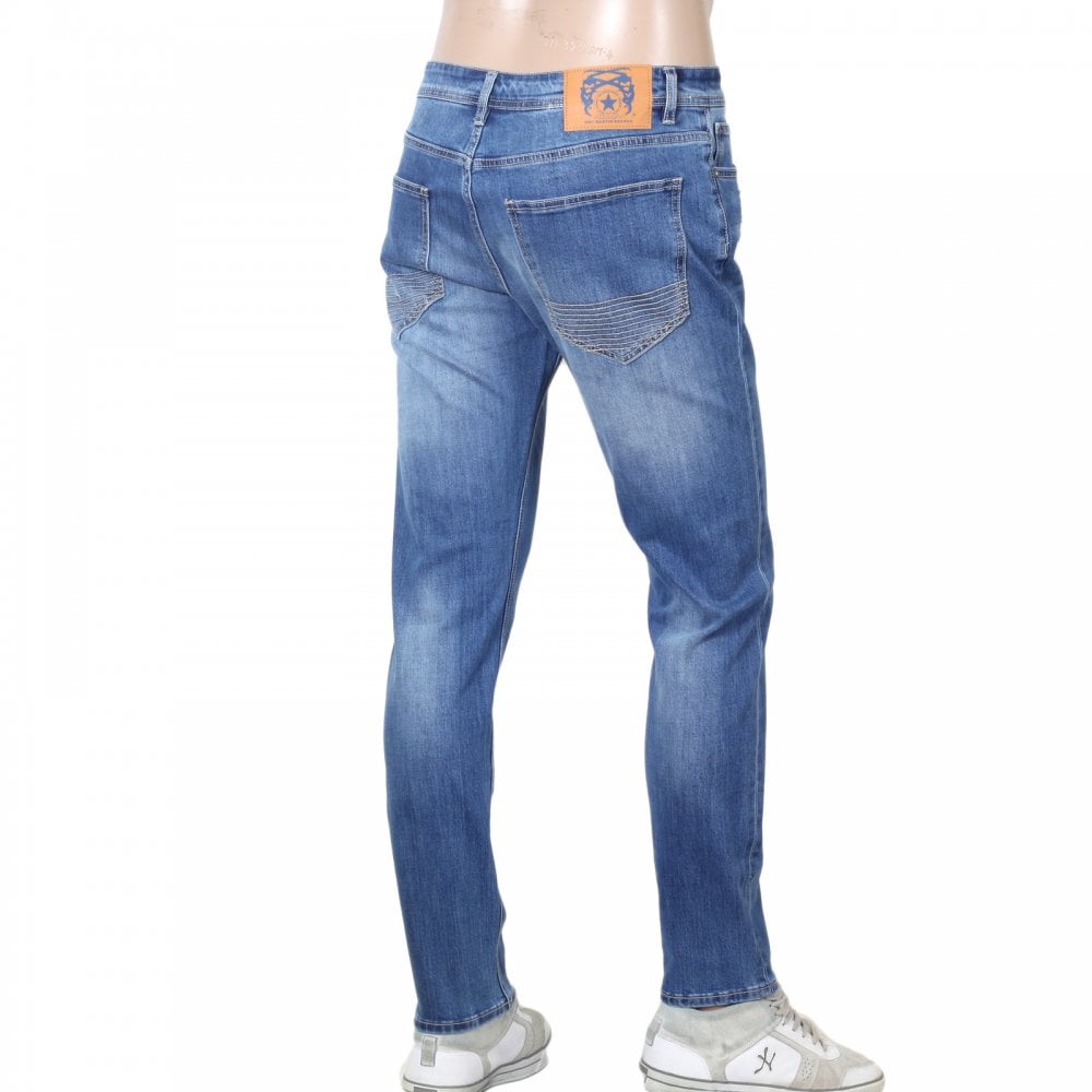 RMC Red Monkey RPQ16135 Mens Washed Light Blue Slim Stretch Denim Jeans with Button Fly and Fading and Creasing