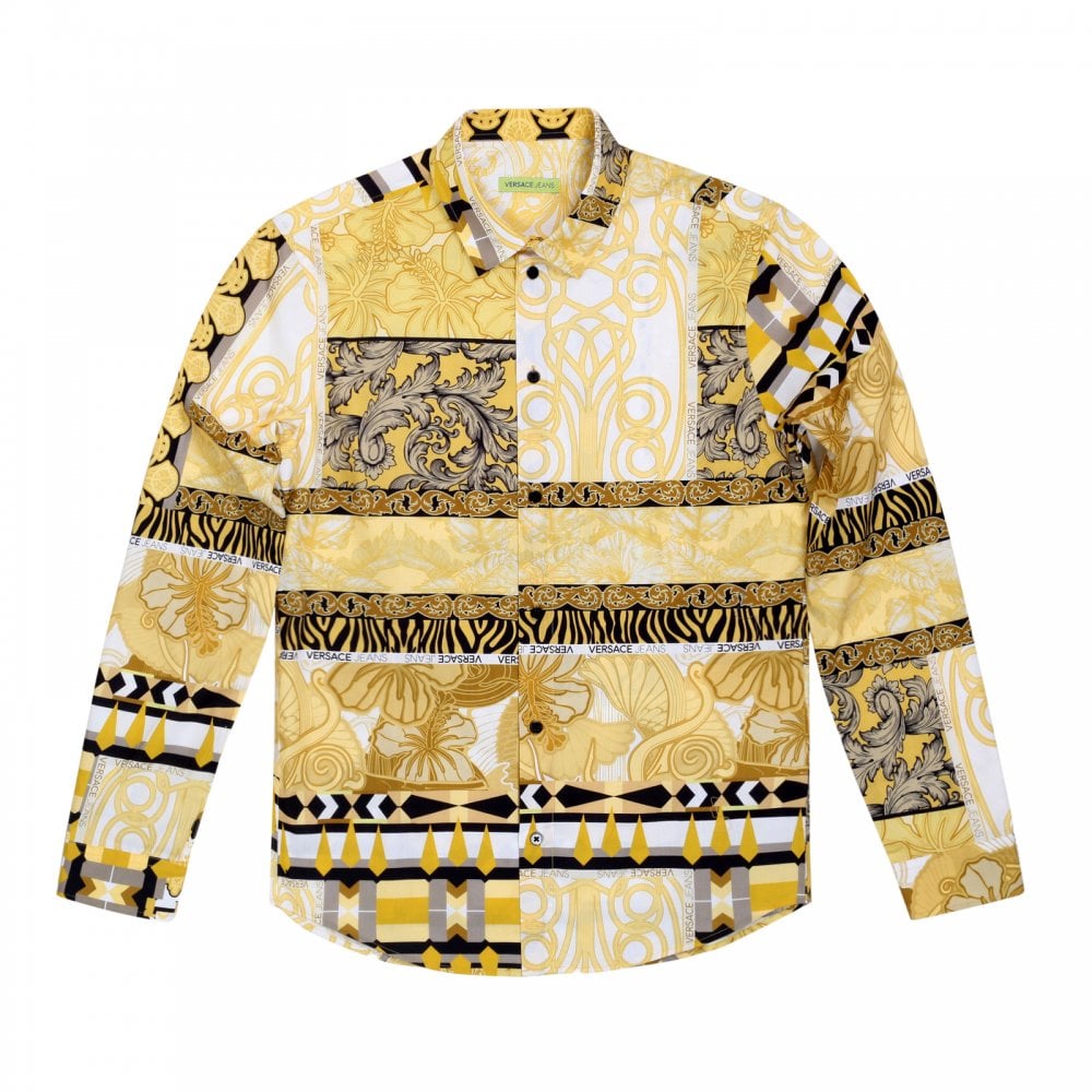 Versace Jeans Slimmer Fit Long Sleeve Gold Pop Print Darted Back Cotton Shirt for Men with Soft Collar