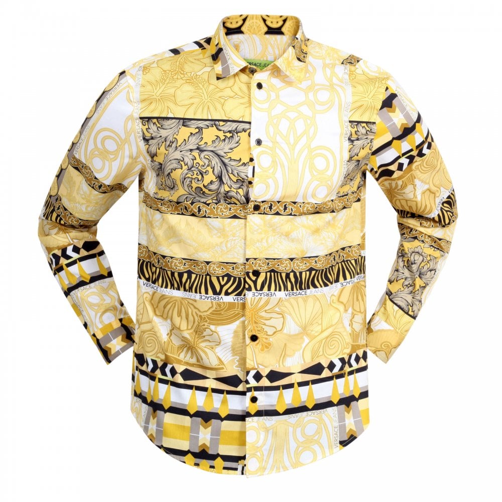 Versace Jeans Slimmer Fit Long Sleeve Gold Pop Print Darted Back Cotton Shirt for Men with Soft Collar
