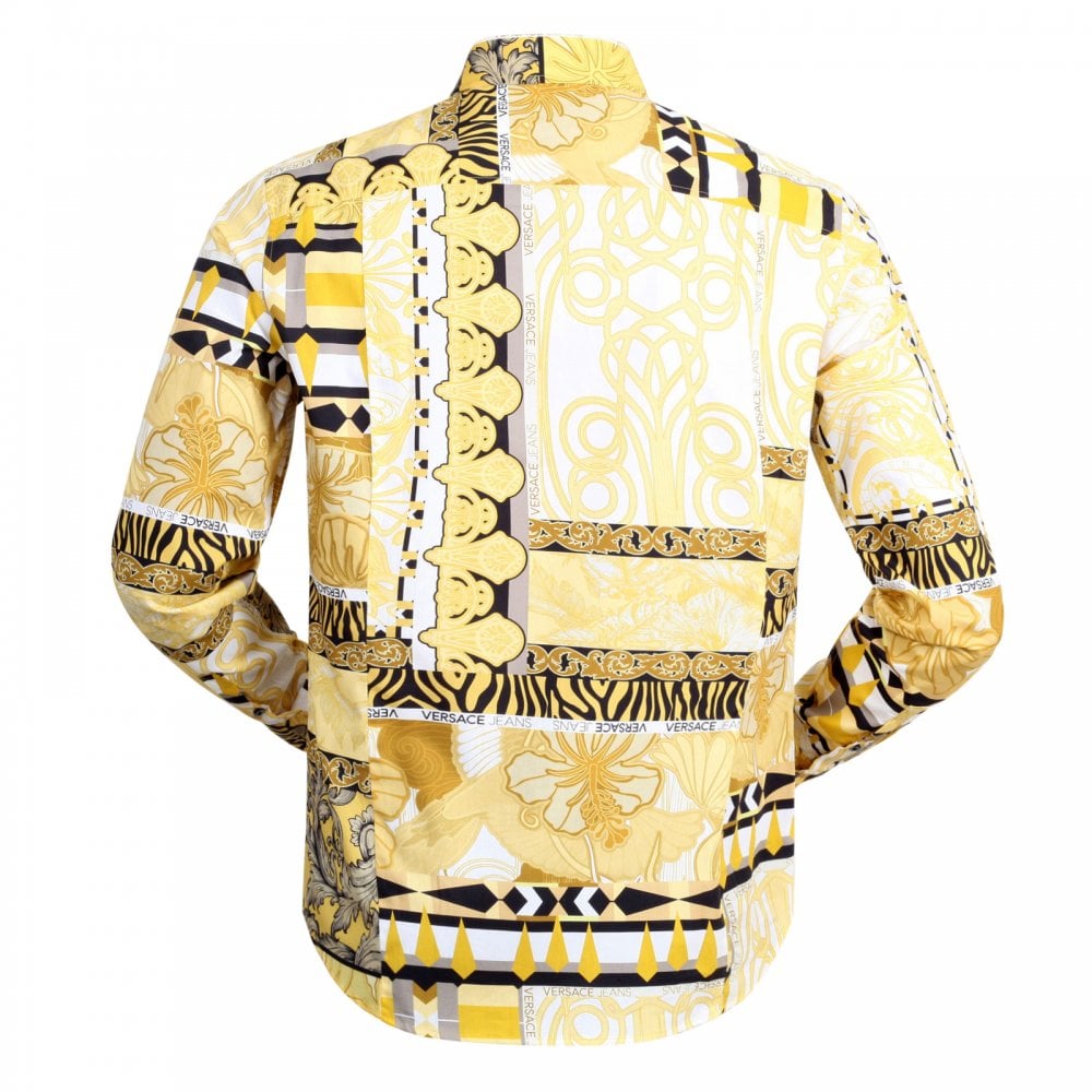 Versace Jeans Slimmer Fit Long Sleeve Gold Pop Print Darted Back Cotton Shirt for Men with Soft Collar
