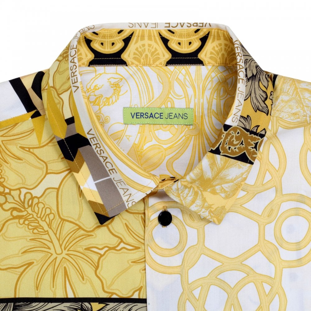 Versace Jeans Slimmer Fit Long Sleeve Gold Pop Print Darted Back Cotton Shirt for Men with Soft Collar