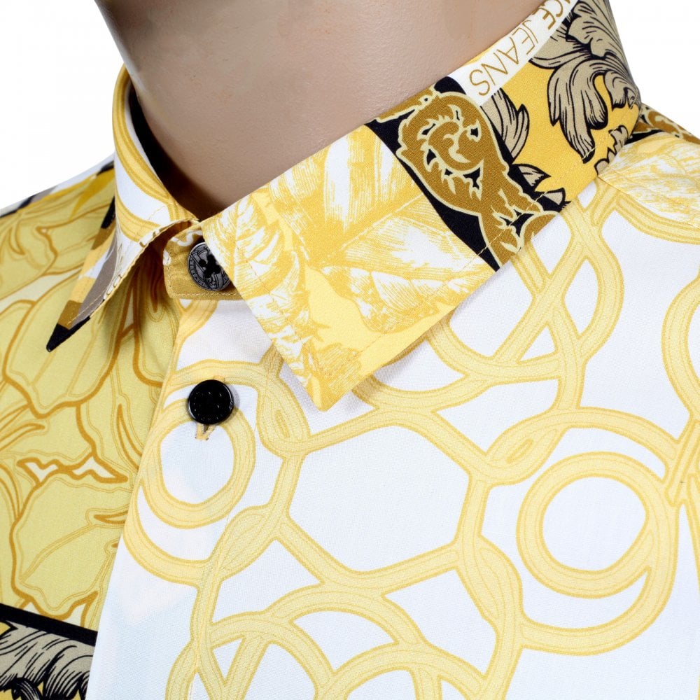 Versace Jeans Slimmer Fit Long Sleeve Gold Pop Print Darted Back Cotton Shirt for Men with Soft Collar
