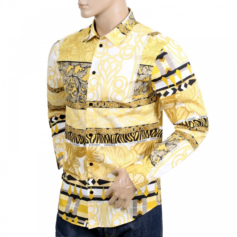 Versace Jeans Slimmer Fit Long Sleeve Gold Pop Print Darted Back Cotton Shirt for Men with Soft Collar