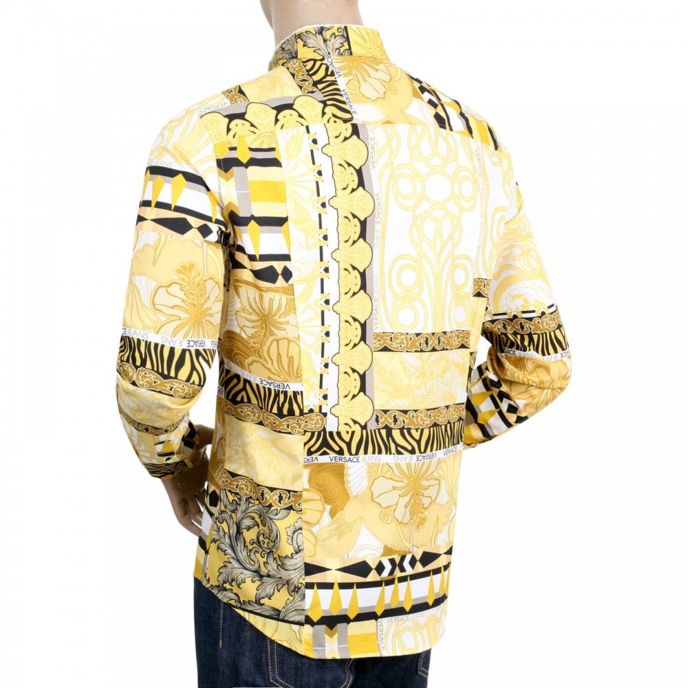 Versace Jeans Slimmer Fit Long Sleeve Gold Pop Print Darted Back Cotton Shirt for Men with Soft Collar
