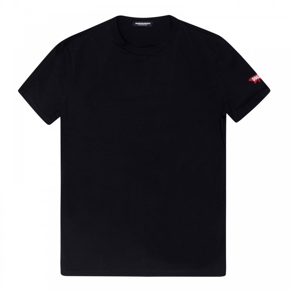 Dsquared2 Mens Black Crew Neck Short Sleeve Slim Fit T Shirt with Red Sleeve Logo Print