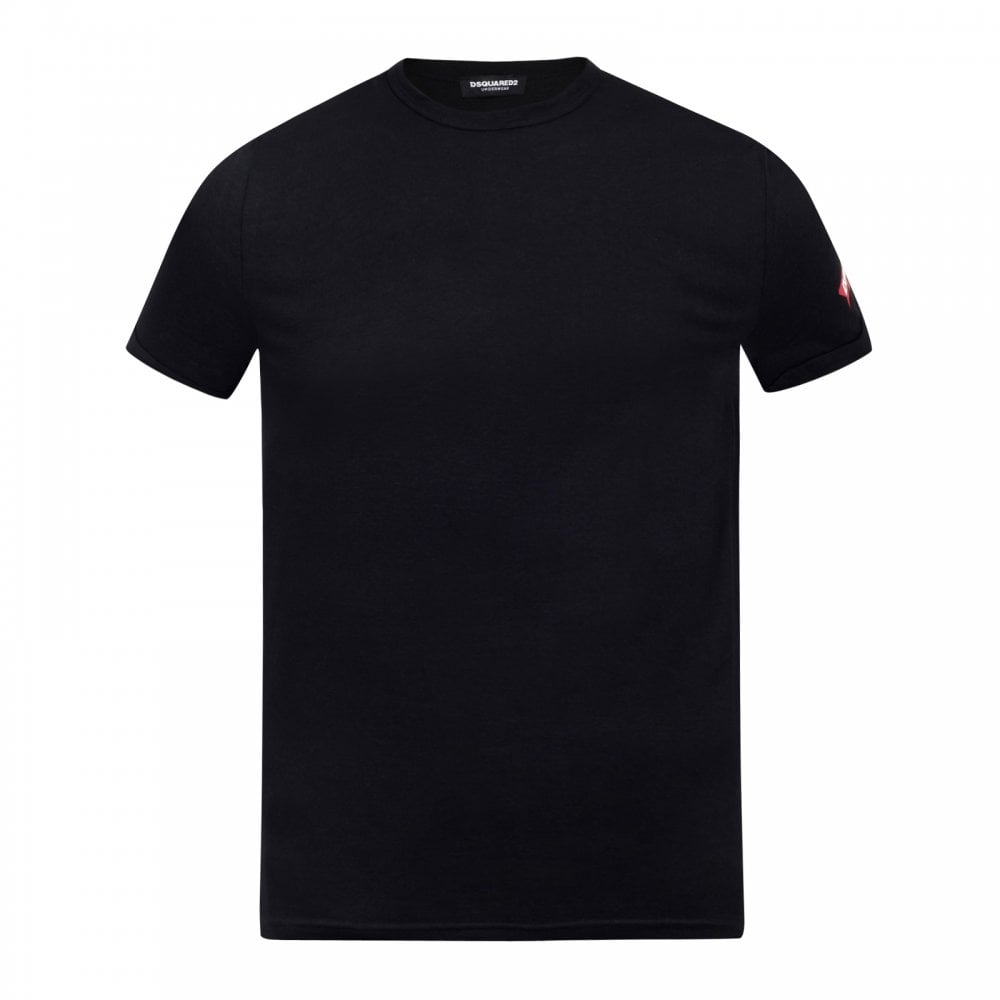 Dsquared2 Mens Black Crew Neck Short Sleeve Slim Fit T Shirt with Red Sleeve Logo Print