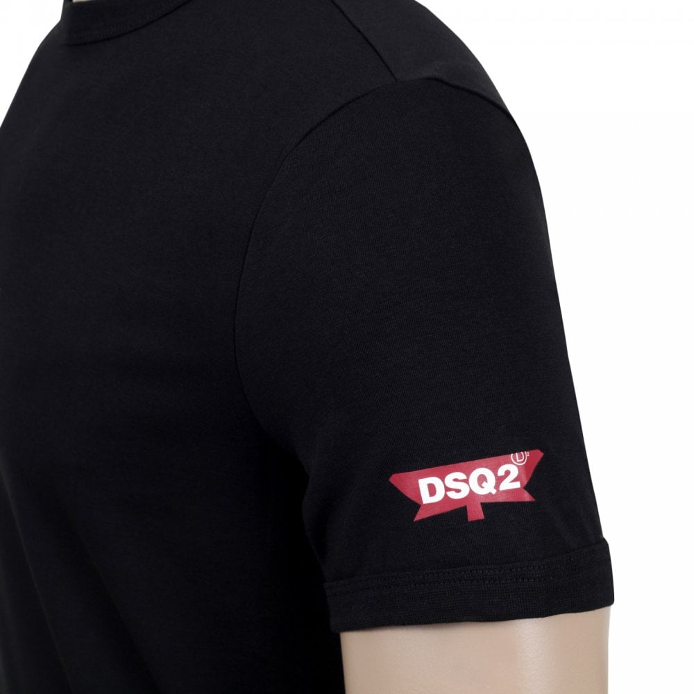 Dsquared2 Mens Black Crew Neck Short Sleeve Slim Fit T Shirt with Red Sleeve Logo Print
