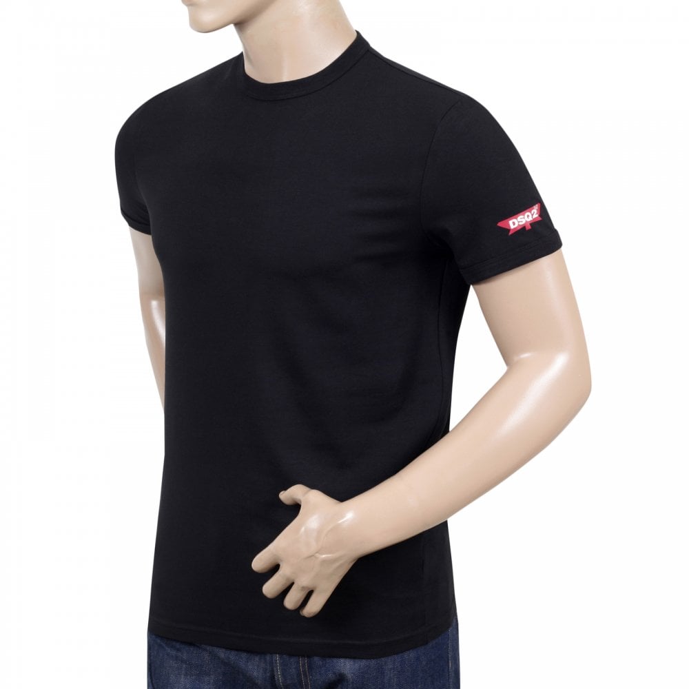 Dsquared2 Mens Black Crew Neck Short Sleeve Slim Fit T Shirt with Red Sleeve Logo Print