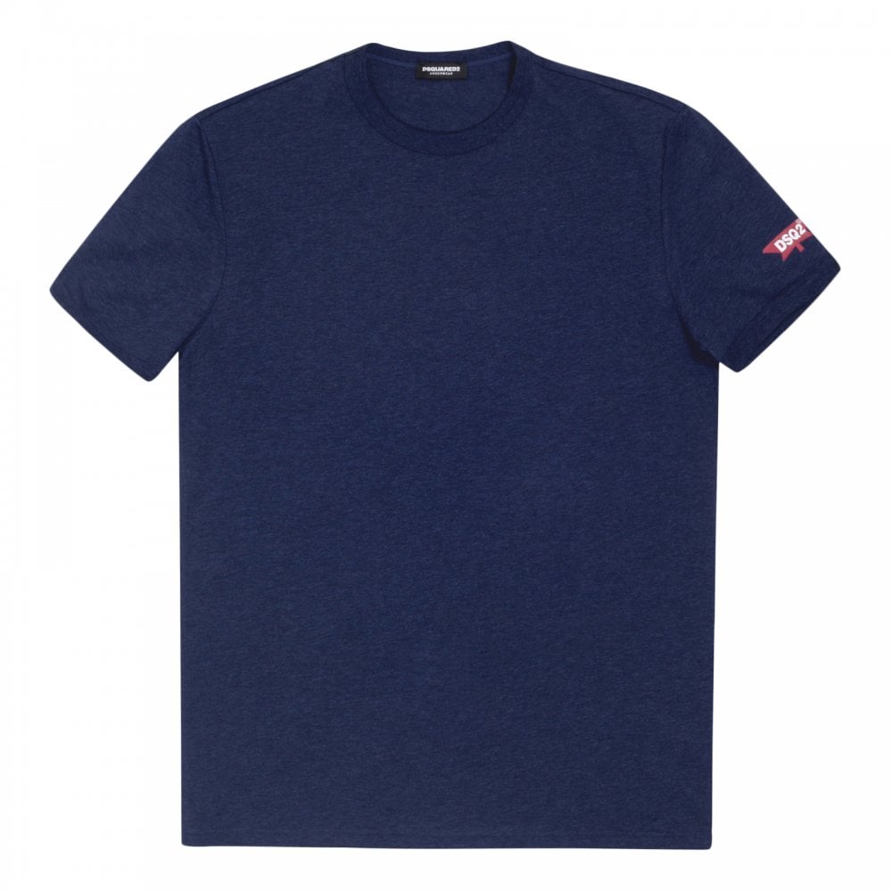 Dsquared2 Navy Blue Crew Neck Slim Fit Short Sleeve Red Sleeve Logo Printed T-Shirt for Men
