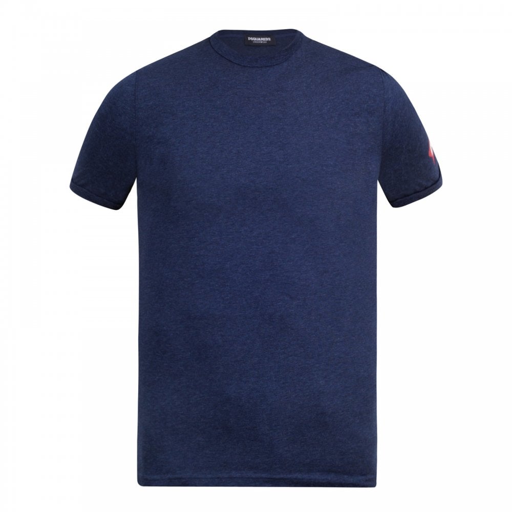 Dsquared2 Navy Blue Crew Neck Slim Fit Short Sleeve Red Sleeve Logo Printed T-Shirt for Men