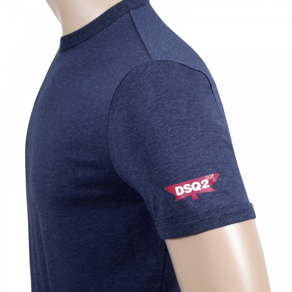 Dsquared2 Navy Blue Crew Neck Slim Fit Short Sleeve Red Sleeve Logo Printed T-Shirt for Men