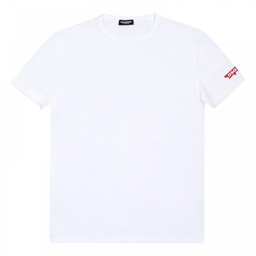 Mens White Crew Neck Short Sleeve Slim Fit T Shirt with Red Sleeve Logo Print by Dsquared2