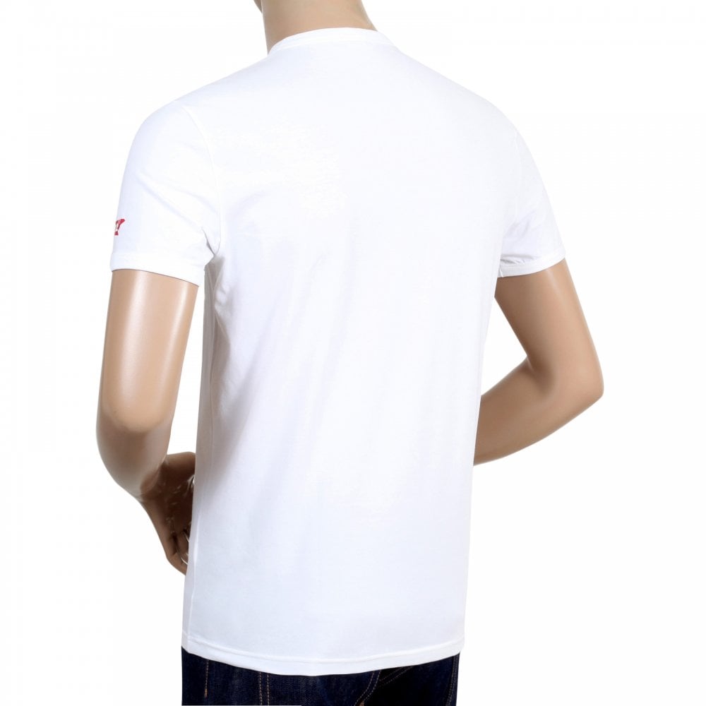 Mens White Crew Neck Short Sleeve Slim Fit T Shirt with Red Sleeve Logo Print by Dsquared2
