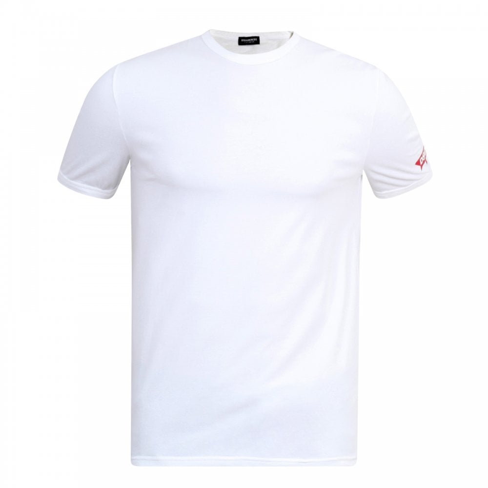 Mens White Crew Neck Short Sleeve Slim Fit T Shirt with Red Sleeve Logo Print by Dsquared2