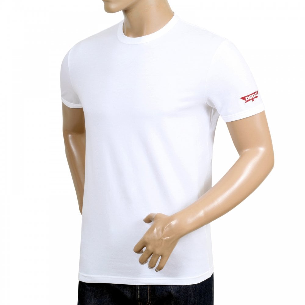 Mens White Crew Neck Short Sleeve Slim Fit T Shirt with Red Sleeve Logo Print by Dsquared2