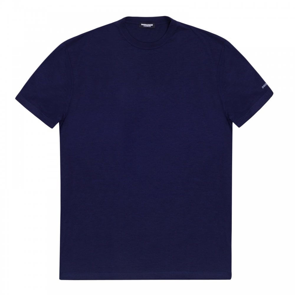 Dsquared2 Mens Navy Crew Neck Short Sleeve Slim Fit T-Shirt with Small Grey Text Sleeve Logo Print