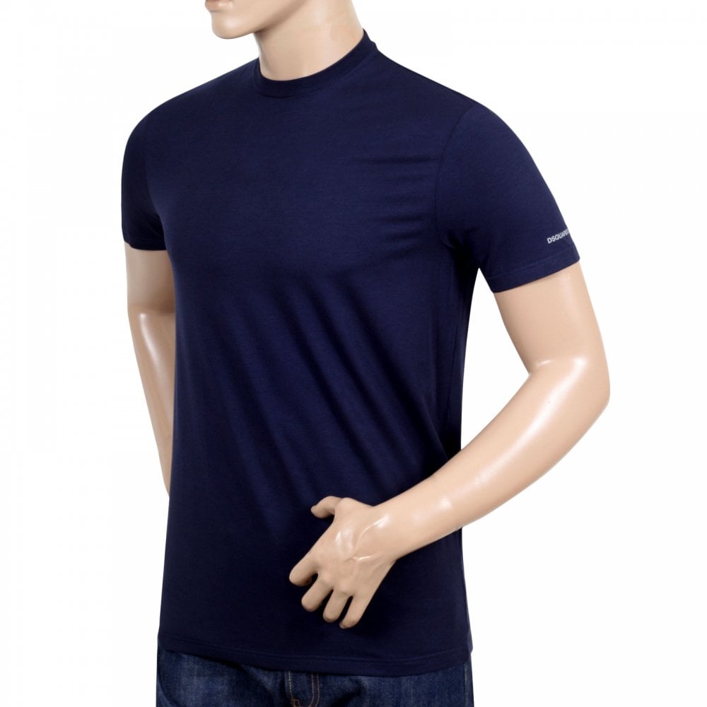 Dsquared2 Mens Navy Crew Neck Short Sleeve Slim Fit T-Shirt with Small Grey Text Sleeve Logo Print