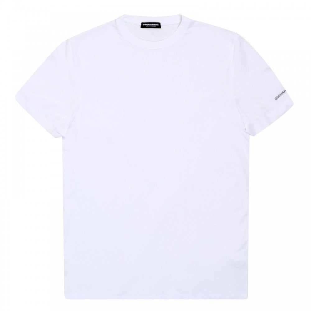 Dsquared2 Mens White Crew Neck Slim Fit Short Sleeve T Shirt with Small Grey Text Sleeve Logo Print