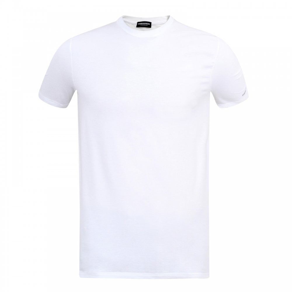 Dsquared2 Mens White Crew Neck Slim Fit Short Sleeve T Shirt with Small Grey Text Sleeve Logo Print