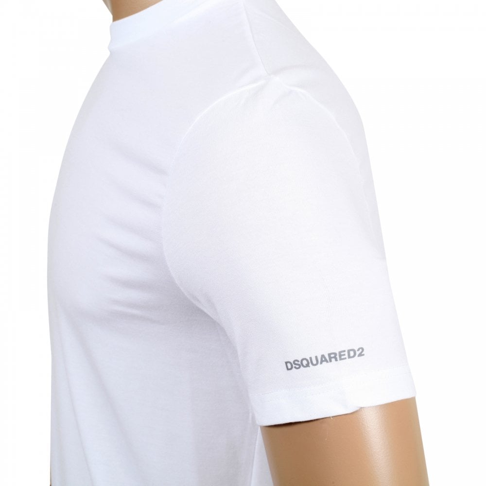 Dsquared2 Mens White Crew Neck Slim Fit Short Sleeve T Shirt with Small Grey Text Sleeve Logo Print