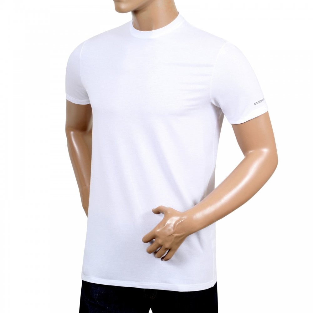 Dsquared2 Mens White Crew Neck Slim Fit Short Sleeve T Shirt with Small Grey Text Sleeve Logo Print