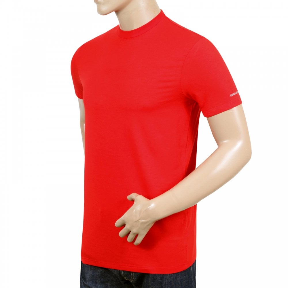 Dsquared2 Short Sleeve Cotton Mix Slim Fit Crewneck Red T-Shirt for Men with Grey Text Sleeve Logo Print
