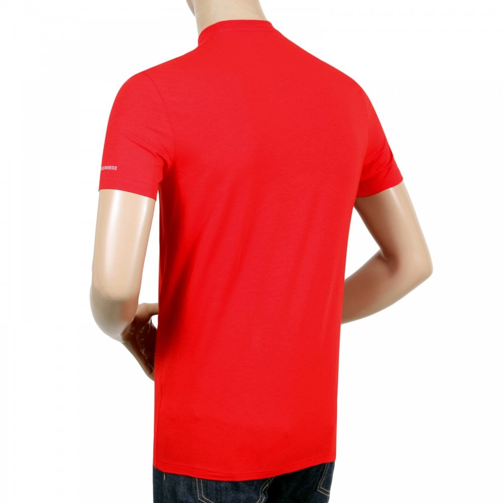 Dsquared2 Short Sleeve Cotton Mix Slim Fit Crewneck Red T-Shirt for Men with Grey Text Sleeve Logo Print