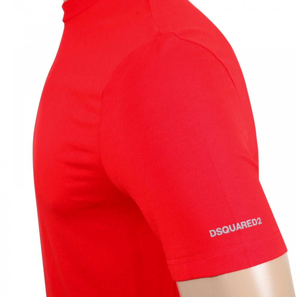 Dsquared2 Short Sleeve Cotton Mix Slim Fit Crewneck Red T-Shirt for Men with Grey Text Sleeve Logo Print