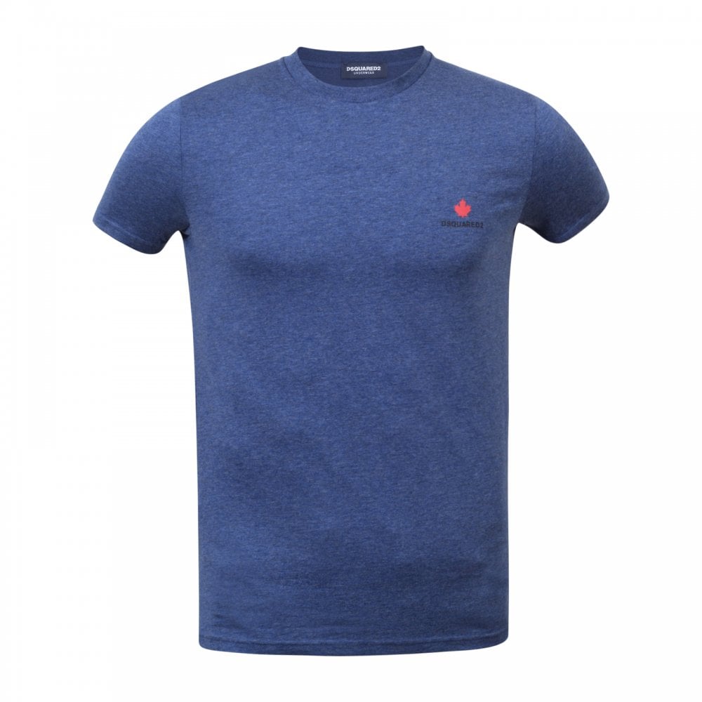 Dsquared2 Crew Neck Short Sleeve Cotton Slim Fit Blue T-Shirt with Printed Maple Leaf Logo on Chest