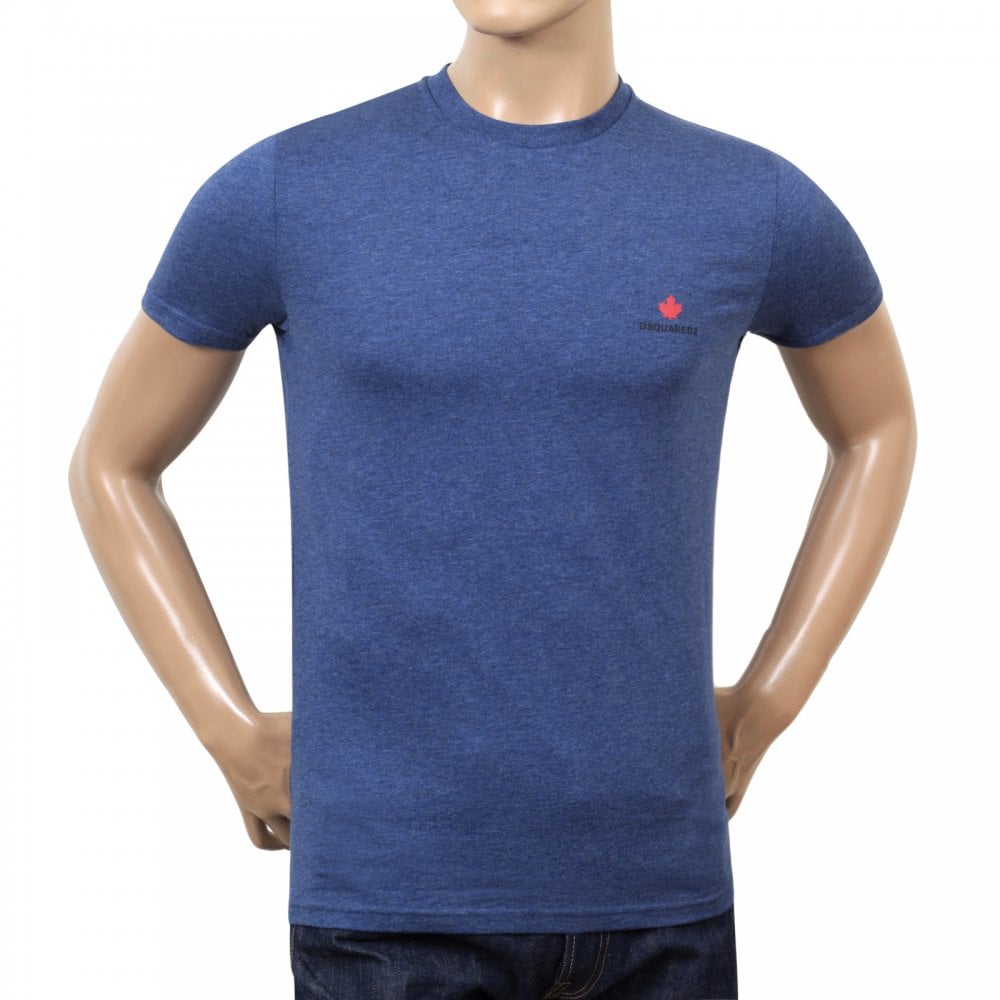 Dsquared2 Crew Neck Short Sleeve Cotton Slim Fit Blue T-Shirt with Printed Maple Leaf Logo on Chest