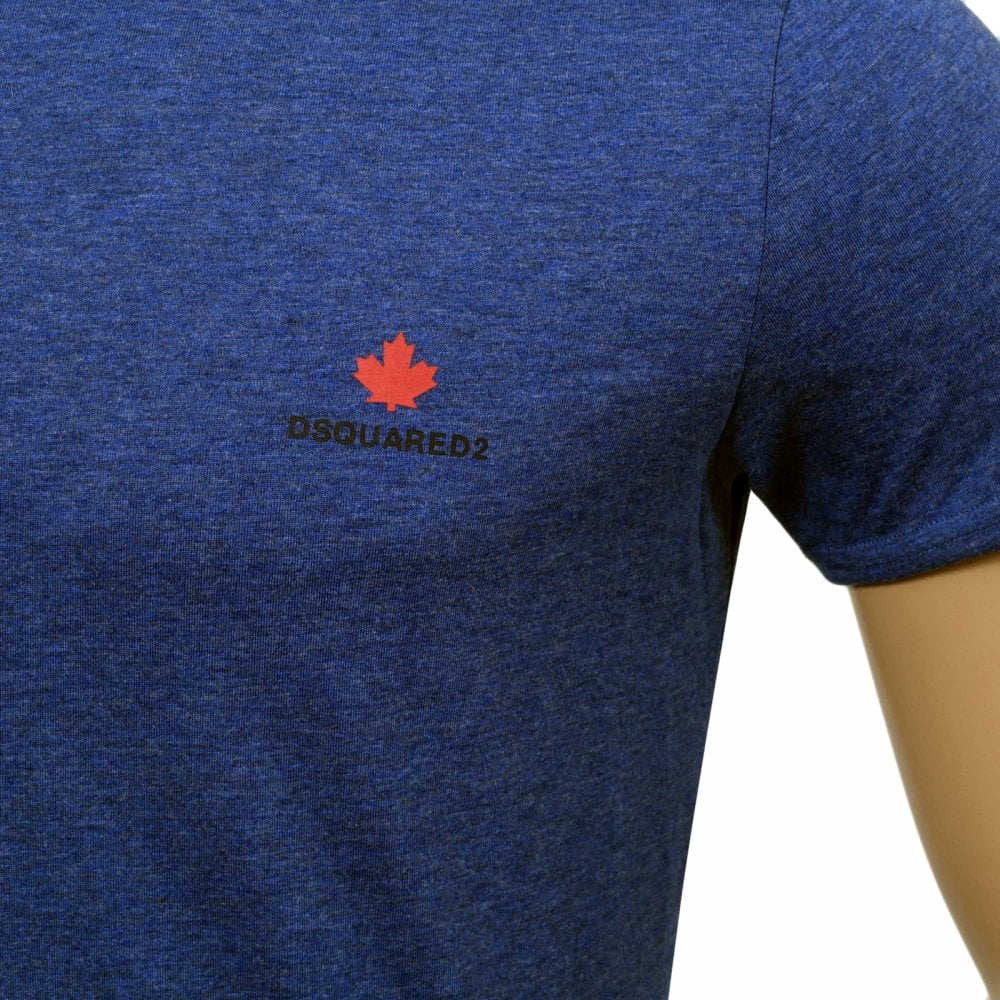 Dsquared2 Crew Neck Short Sleeve Cotton Slim Fit Blue T-Shirt with Printed Maple Leaf Logo on Chest