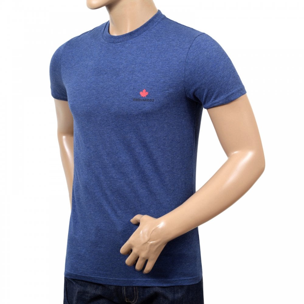 Dsquared2 Crew Neck Short Sleeve Cotton Slim Fit Blue T-Shirt with Printed Maple Leaf Logo on Chest