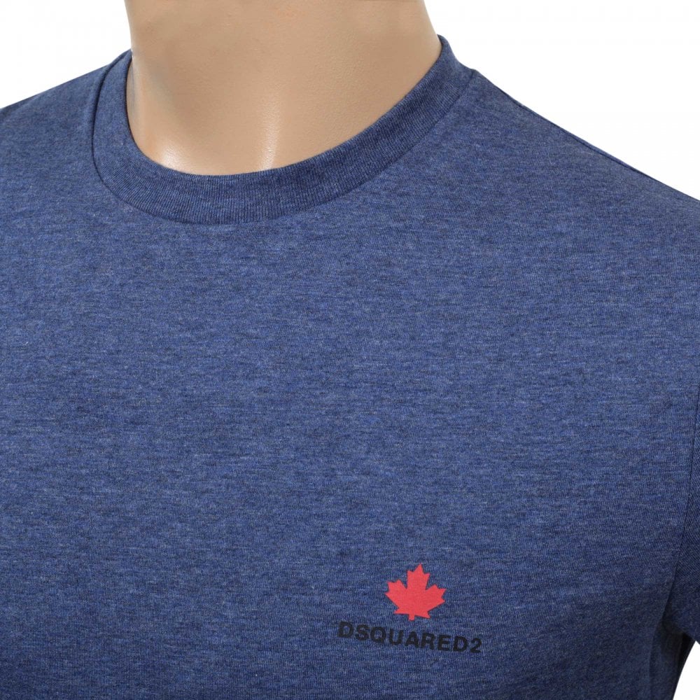 Dsquared2 Crew Neck Short Sleeve Cotton Slim Fit Blue T-Shirt with Printed Maple Leaf Logo on Chest