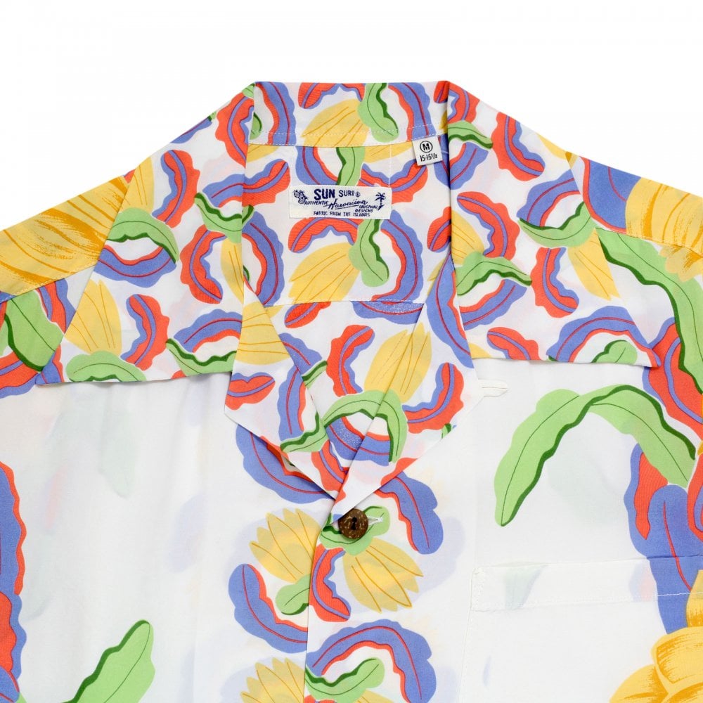 Sun Surf Night Blooming Cereus Border SS33876 White Short Sleeve Regular Fit Hawaiian Shirt for Men